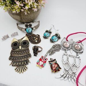 Owl Lover Hoot Bird Jewelry Necklace Earring Bracelet Collection 8 pc Lot